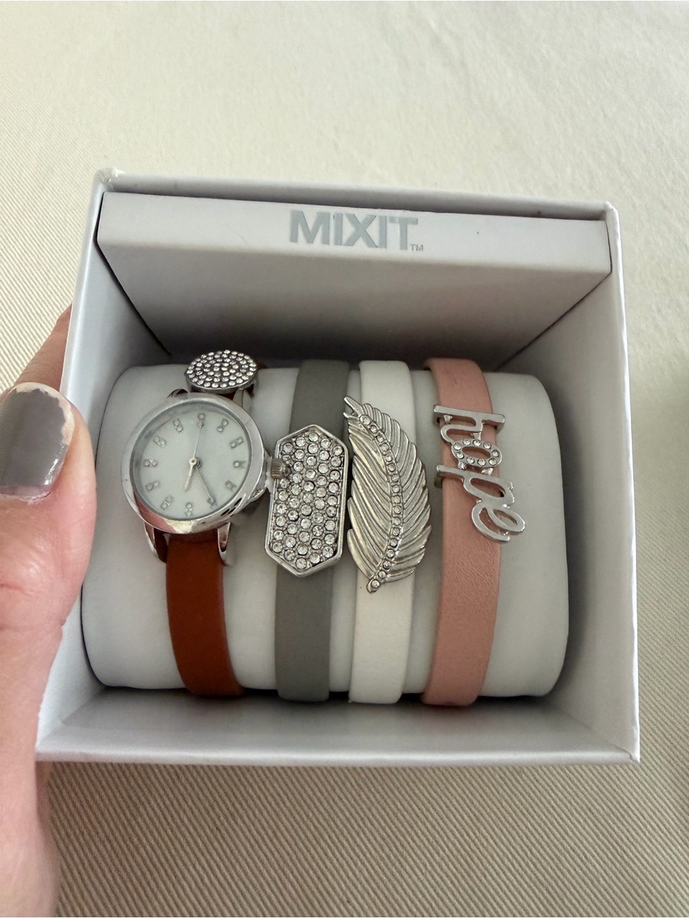 Mixit Watch and Bracelet Strap Set in Brown, Gray, White & Blush